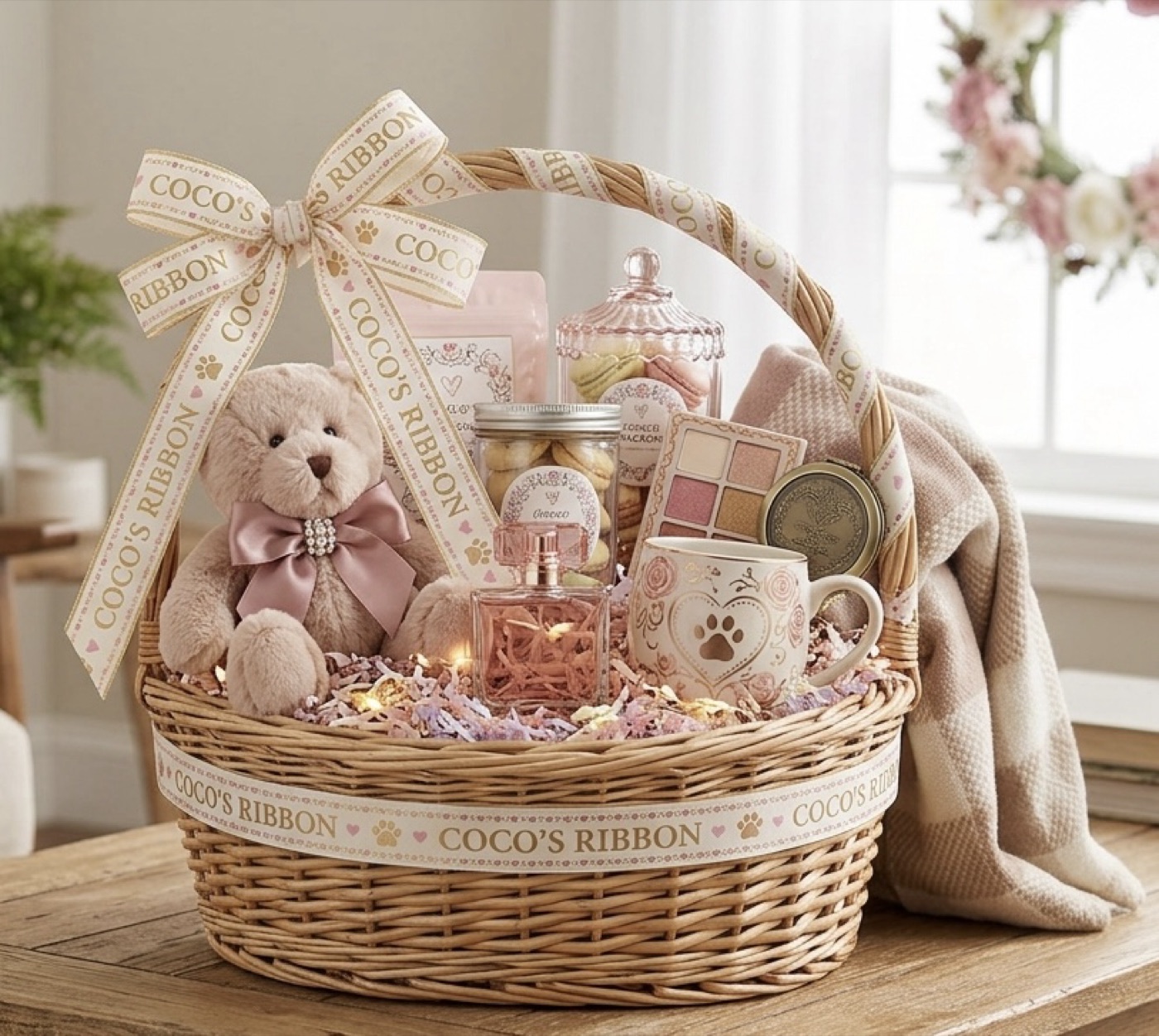 Coco's Ribbon gift basket with teddy bear, candles and branded ribbon